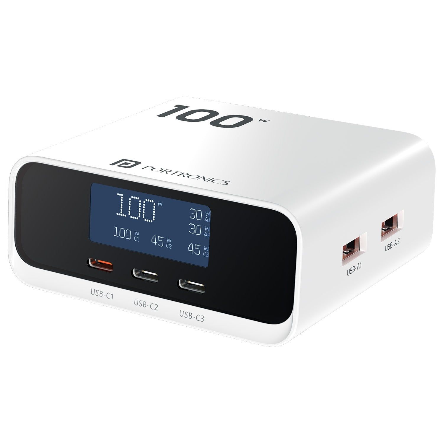 Portronics Adapto 100D, 100W Max Output, 3 x Type C PD Port, 2 X USB-A Port, GaN Technology