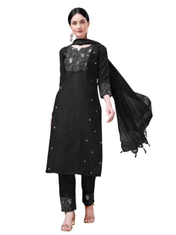 Women's Casual 3-4 th Sleeve Embroidery Cotton Kurti Pant Dupatta Set (Black, XL)-PID50206