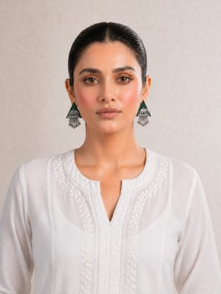 Green Silver Elephant Motif Fabric Earrings