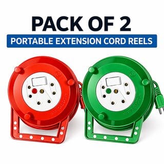 Pack of 2 Portable Extension Cord Reels  10 Meter (32ft) Retractable Cable with Multi-Purpose Sockets, Resettable Fuse Switch, and Built-In Carry Handle (Red & Green)