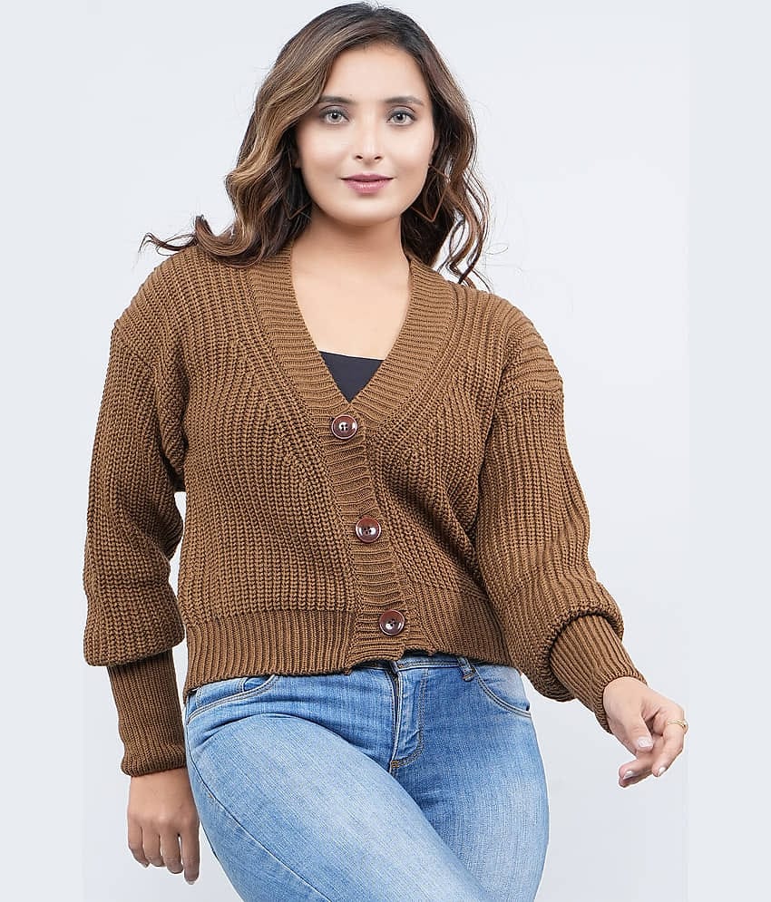 FEVERFEW Women Acro Wool V-Neck Cardigan ( Brown )