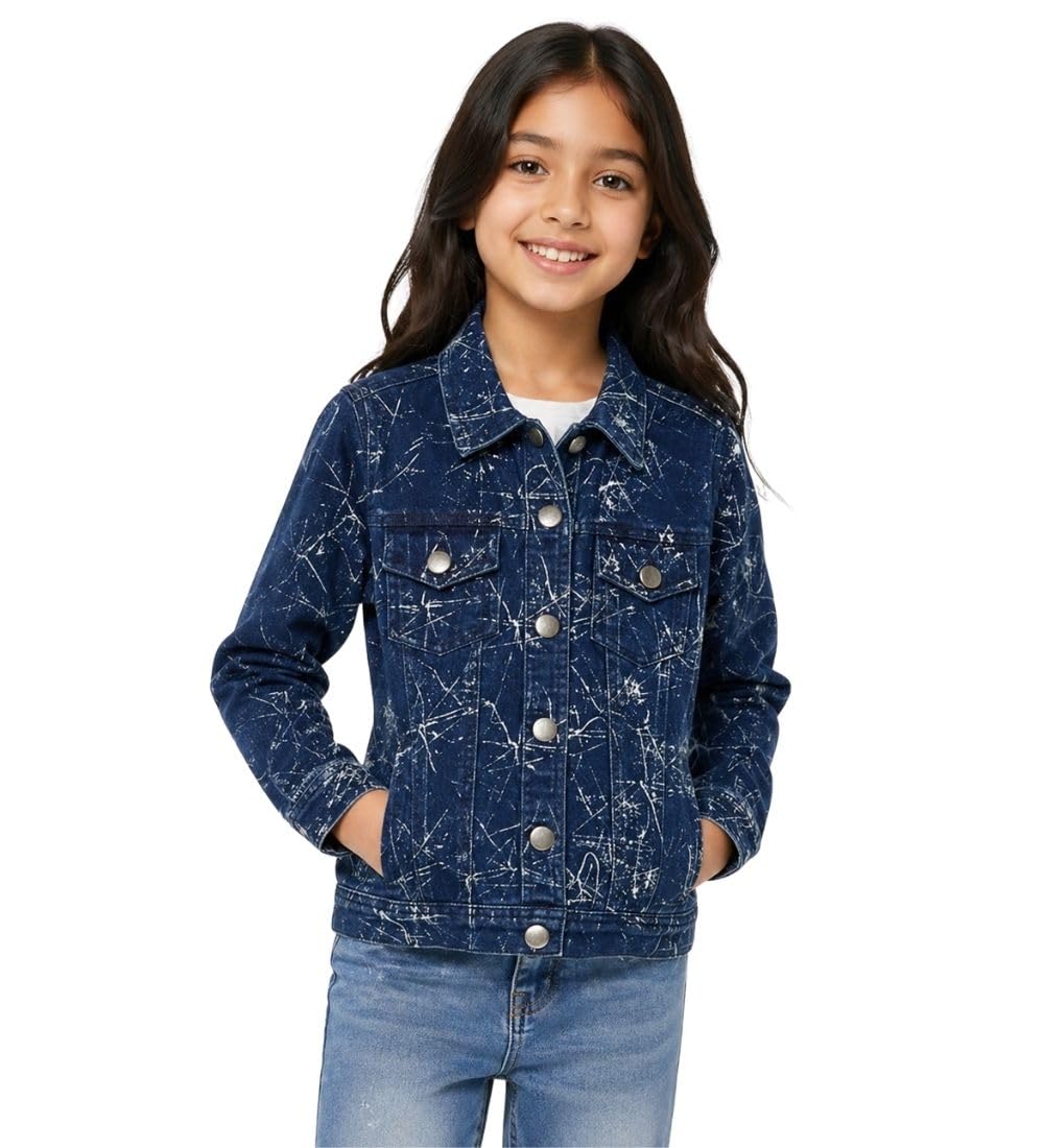 Girl's Denim Washed Flutter Jacket with Crinkle (Blue, 6-7-Yrs)-PID66055