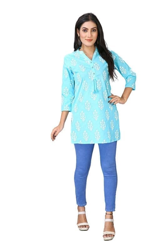 Women's Casual 3/4 Sleeve Cotton Blend Printed Kurti (Light Blue, S)-PID46426