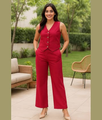 StyleStone Women Solid Coat With Trousers Co-Ord Set ( Red )