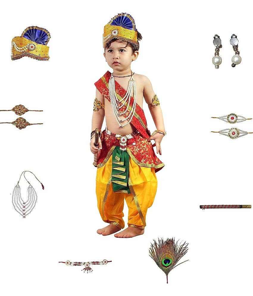 Kaku Fancy Dresses Krishna Costume for Kids Infant Baby Krishna Dress for Boys (Set of 11 - Red Dhoti, Patka(Stole), Belt, Fabric Mukut, Layer Pearl Mala, Moti Bajuband, Earrings, Bansuri & Morpankh)