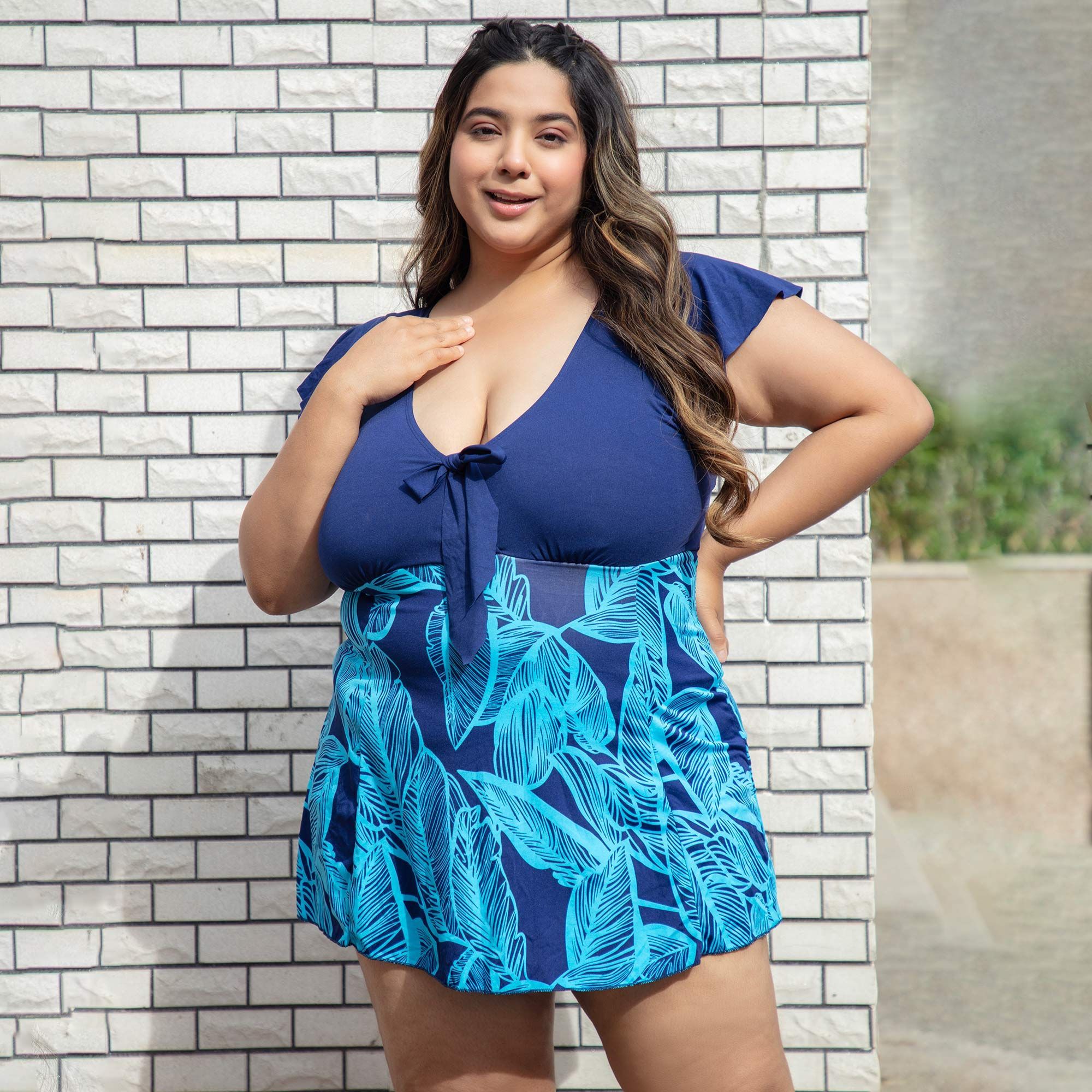 Plus Size One Piece Swimsuits V-Neck Sleeve Swim Dress Tummy Control Flowy Swim Suit