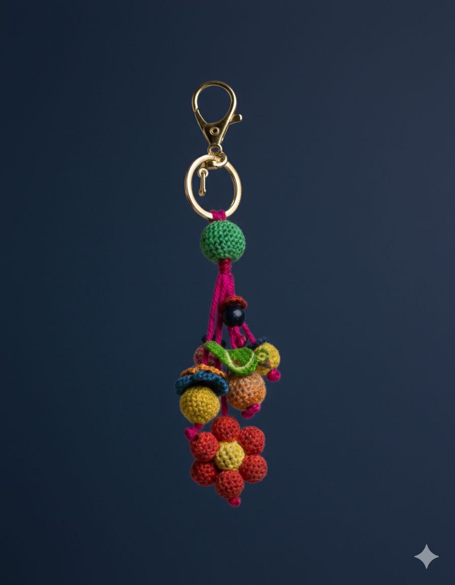 Handcrafted Multicolour Crochet Flower and Bead Keychain