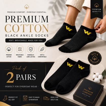 Premium Cotton Black Ankle Socks (Pack of 2) | Soft, Breathable & Comfortable Daily Wear