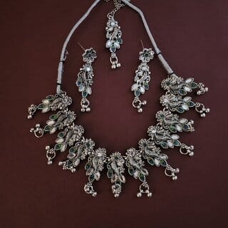 Oxidised German Silver Peacock Necklace with Jumki for Women and Girls