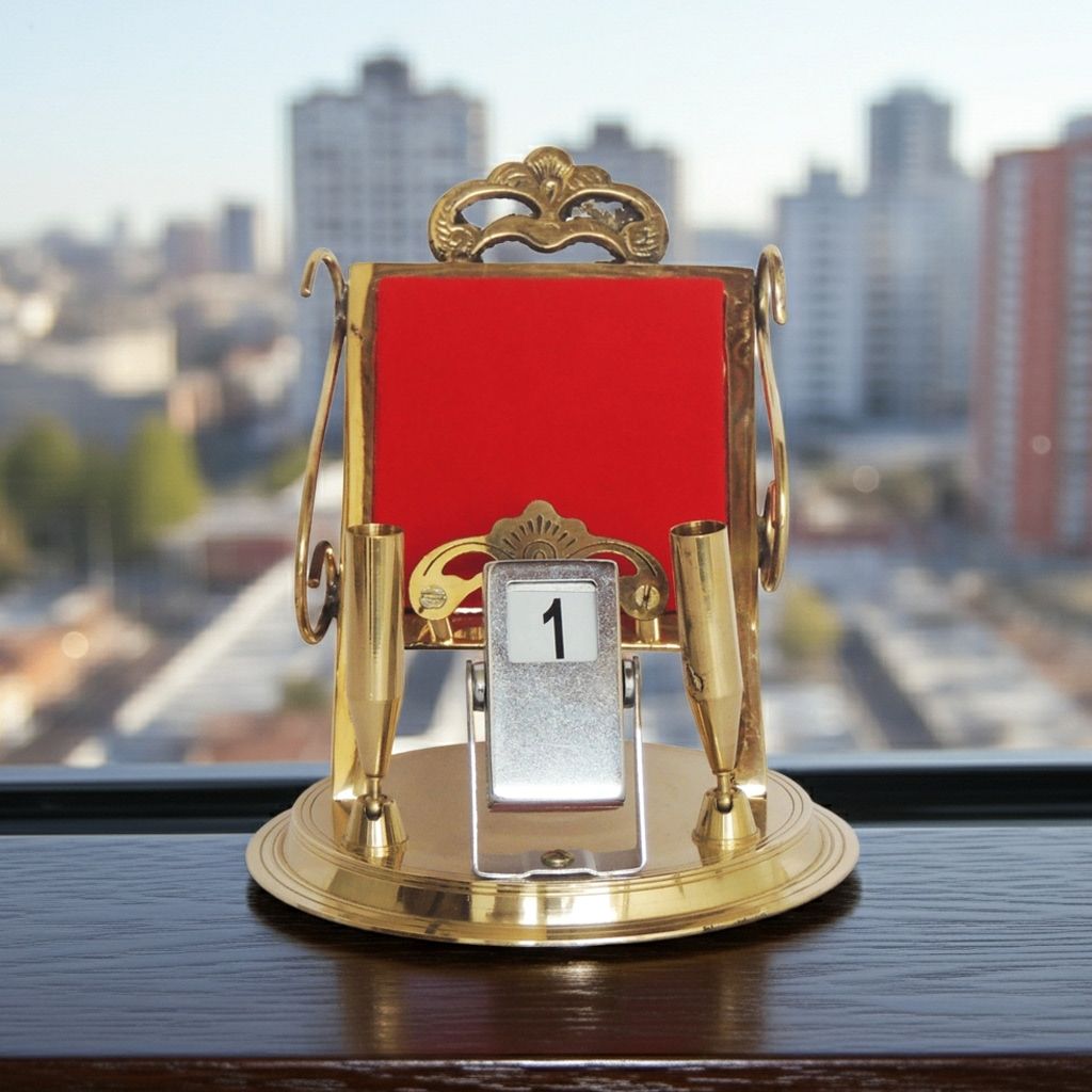 Brass Pen Stand With Mobile Holder & Date Display | Office Desk Organizer, Height : 5.2 Inch (ZMAS259 A)