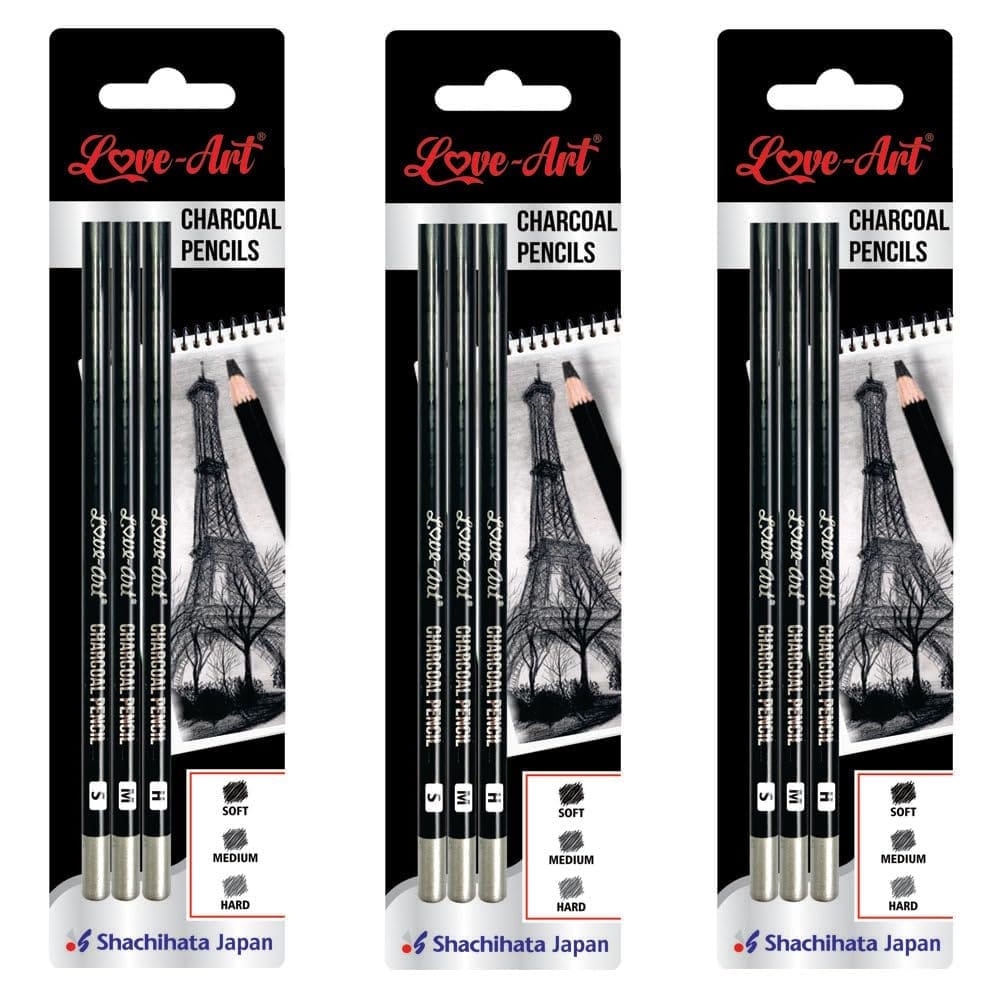 Artline Charcoal Pencils Pack of 3 in Quantity of 3 Packs | In Three Grades Hard, Medium and Soft | Crisp and Sharp Line Drawing and Sketching