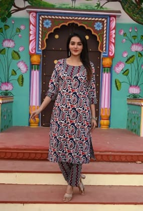 Navy Blue Cotton Premium And Elegant Kurti With Pant For Women (Navy blue)