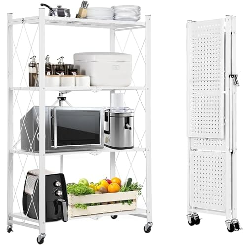 ABOUT SPACE Foldable Kitchen Storage Rack - 4 Tier Space Saving Metal Stand with Caster Wheels Crockery Unit