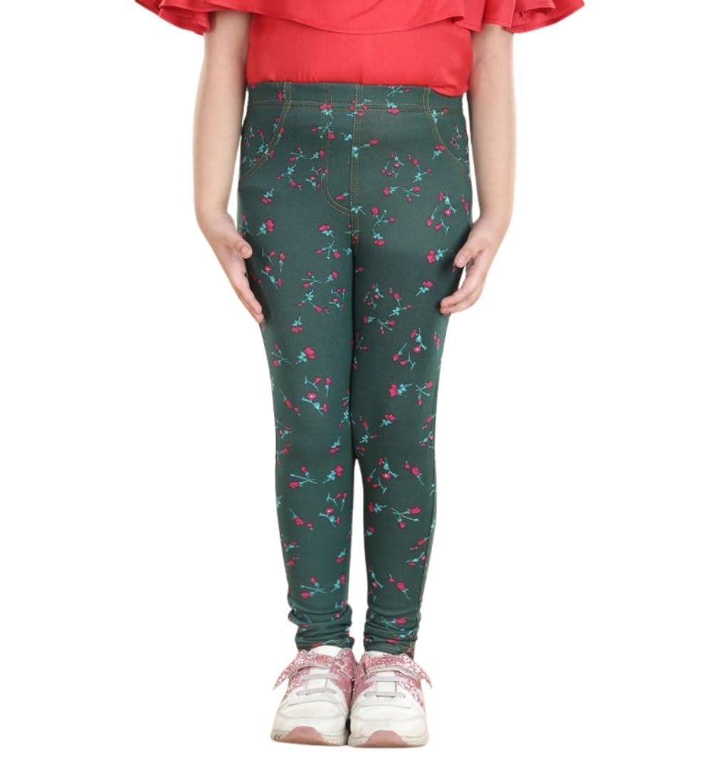 Girl's Cotton Blended Floral Elasticated Jeggings (Bottle Green, 4-5-Yrs)-PID66064