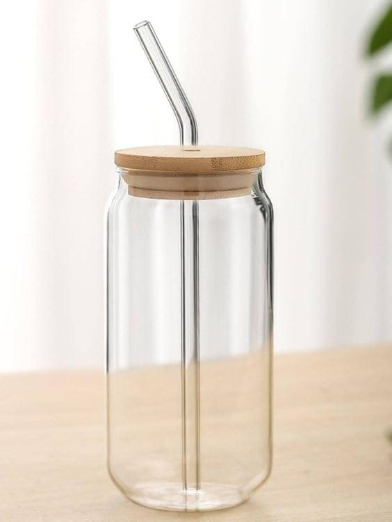 Ice Juice Drinks Glass Mug with Straw for Milk/Coffee/Green Tea Cup Set of 1-510ml Transparent Printed Can Shape Cup (Pack of 1) (Wooden LID CAN)