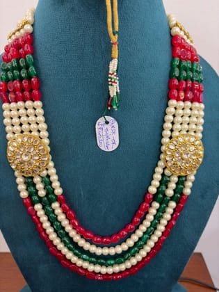 four-layer ruby red emerald green bead combination unisex pearl necklace