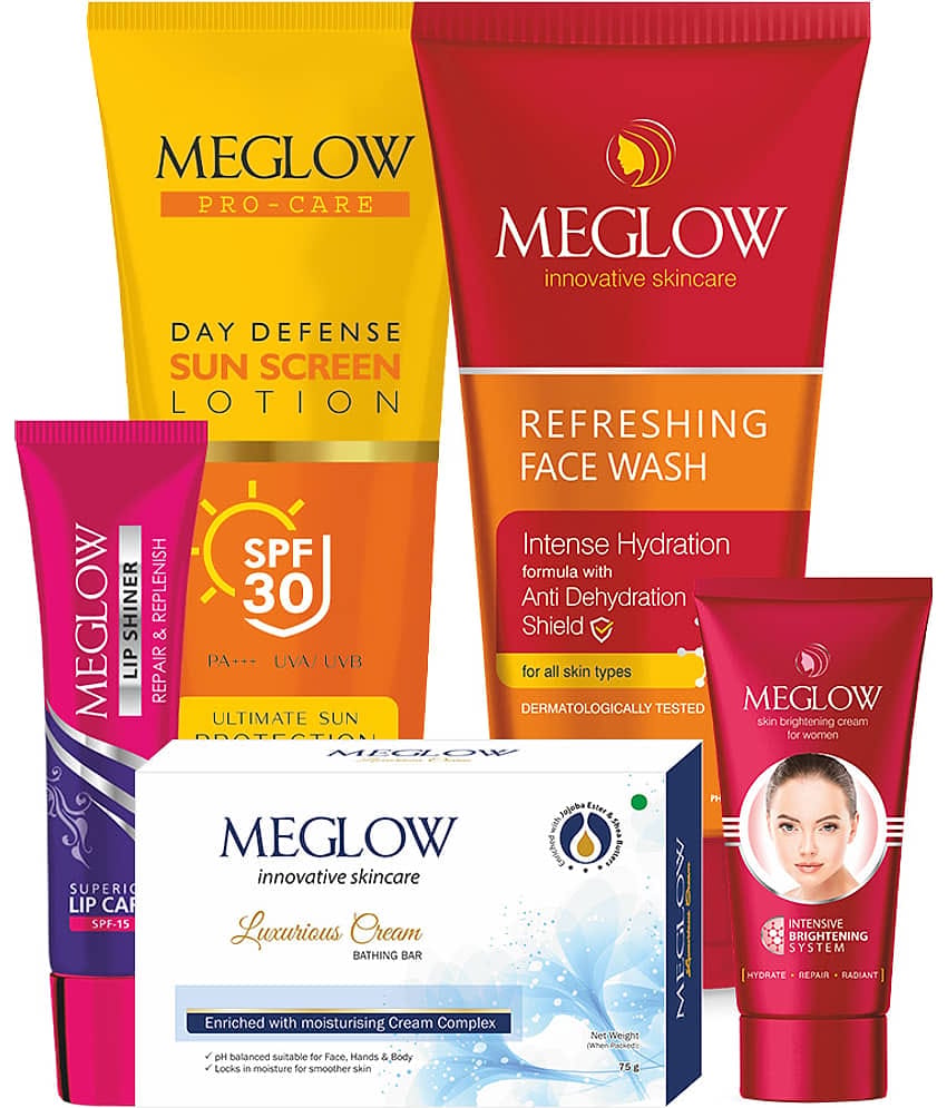 Meglow Complete Skincare Kit For Women- Summer Edition | Luxurious Soap, Brightening Facewash & Face Cream Duo, SPF30 Lotion & Lip Balm | Soft Glow & UV Protection Daily