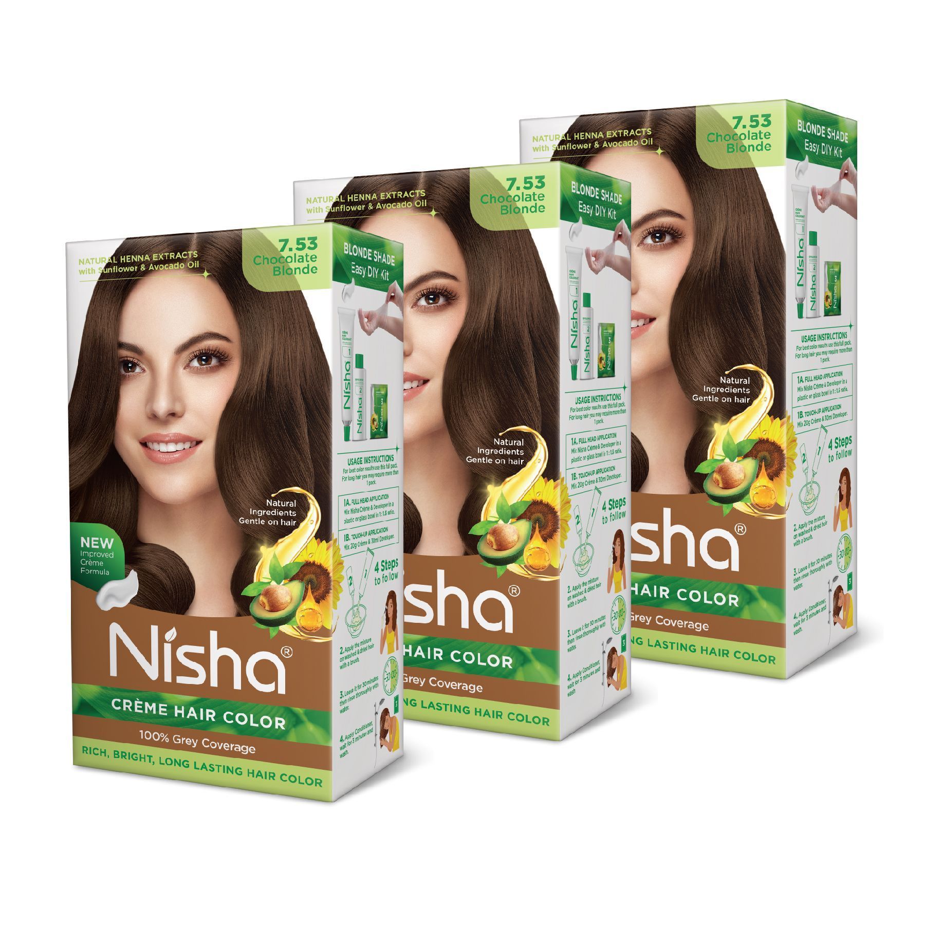 Nisha Creme Hair Color 7.53 Chocolate Blonde 120g Pack of 3, Permanent Hair Colour for Rich, Bright & Long Lasting Hair