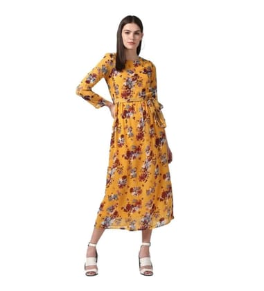 Women's Polyester Floral Long Sleeves Calf-Length Dress (Yellow, S)-PID55769 Women's Polyester Floral Long Sleeves Calf-Length Dress (Yellow, S)-PID55769