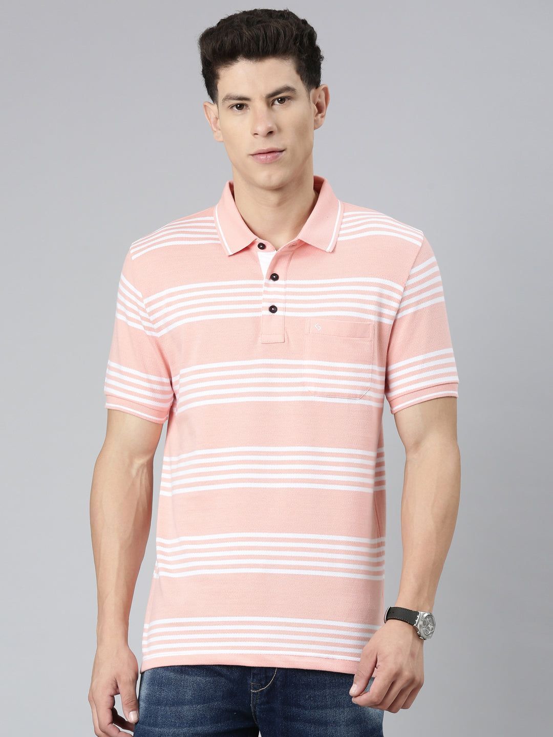 Classic Polo Mens Striped Peach Polo Neck Slim Fit T-Shirt | VTA - 274 B SF P