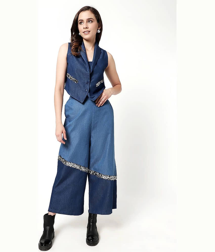 Zima Leto Women Solid Coat With Trousers Co-Ord Set ( Blue )