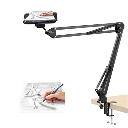 BROLAVIYA Overhead Video Stand Phone Holder, Metal Long Lazy Arm and Bracket for Mobiles Phone and Tablets, for Streaming,Overhead Video,Desktop,Bedroom, Office Black / Regular Size