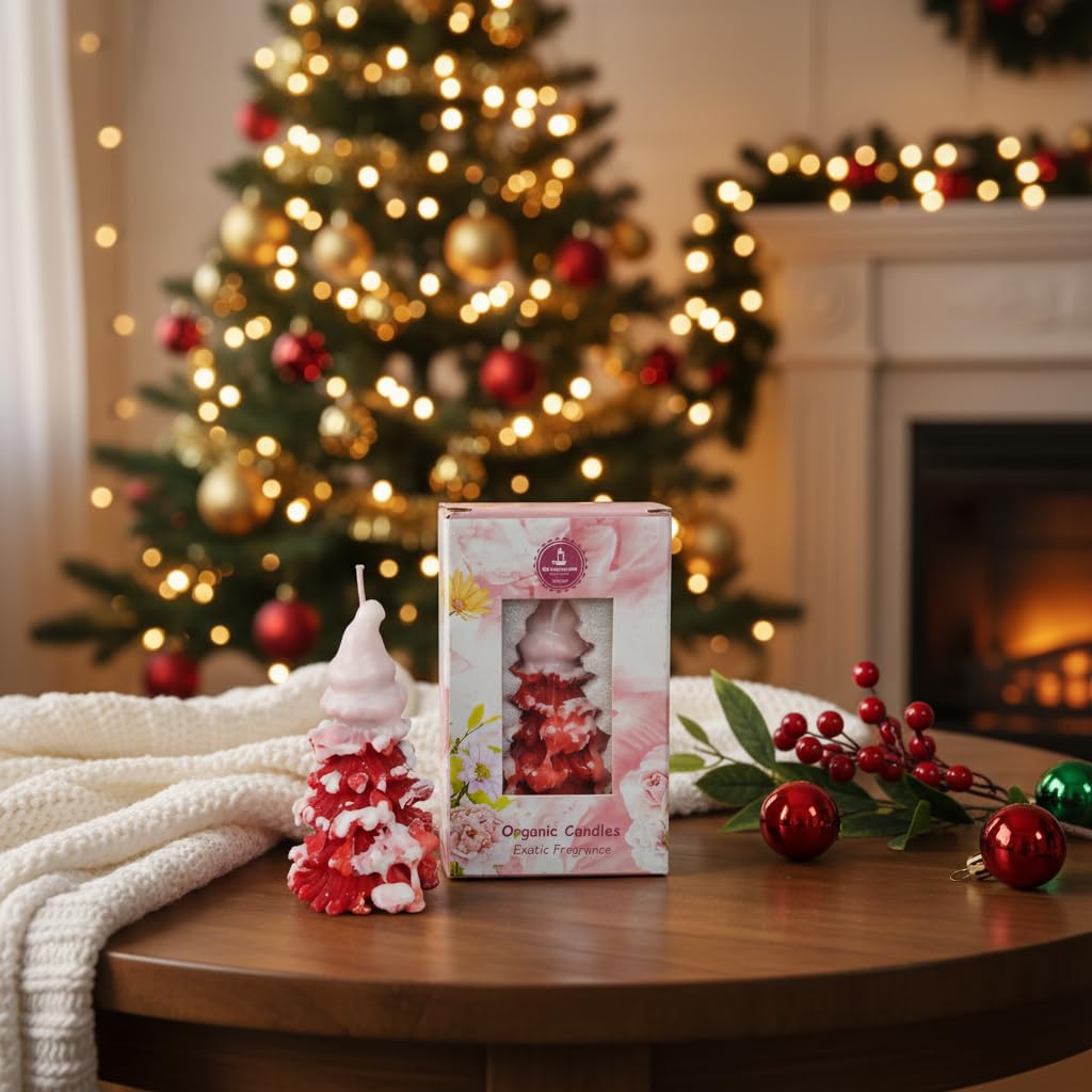 Organic Soy Wax Christmas Tree Piller Candle for Decor | Tree Shaped Scented Aromatic Fragrance Candles | Smoke-Free Candle | New Year