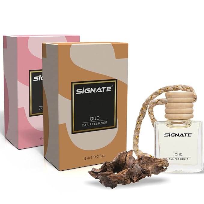 Signate Car Perfume with Natural Fragrance Essential Oils | Car Air Fresheners Long Lasting Upto 90 Days | Hanging Pod in Glass Bottle with Wooden Diffuser Lid (Oud 15ML + Rose 15ML)