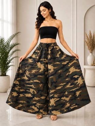 Women's Smocked Waist Camouflage Palazzo Pants | Flared Army Print Trouser