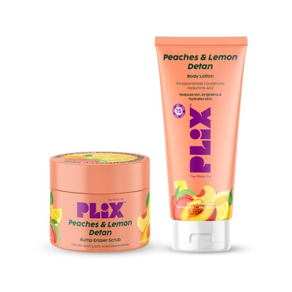 PLIX - THE PLANT FIX | Peaches & Lemon Detan Bump Eraser Scrub (200g) & Detan Body Lotion SPF 15 (200ml) | Removes Tan & Restores Skin’s Moisture, Reduces Dark Spots, Uneven Skin Tone PLIX - THE PLANT FIX | Peaches & Lemon Detan Bump Eraser Scrub (200g) 