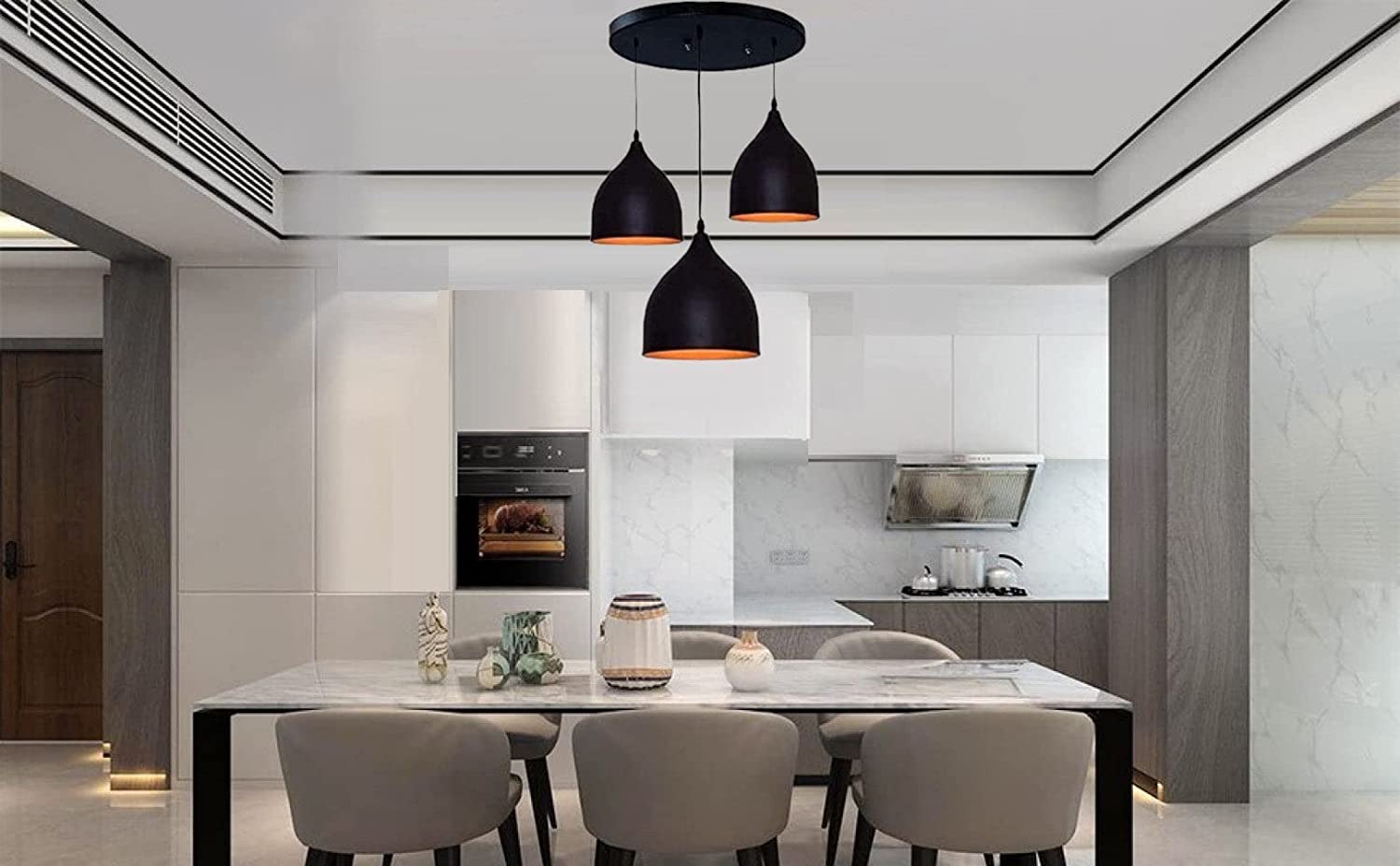 SPARKWORLD Modern 3-Light Black Metal Pendant Ceiling Lamp | Dome-Shaped Hanging Light for Dining Room, Kitchen, Caf & Living Space | Size: FEE SIZE