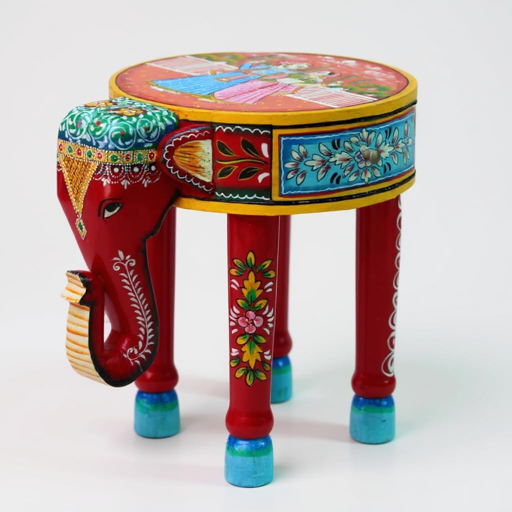 Raja Rani Hand-Painted Wooden Elephant Table with Drawer Desk, 40 x 30 x40 cm | Elephant Side Table & Stool | Hand-Painted Rajasthani Ethnic Decor Accent Table | Traditional Indian Home Decor