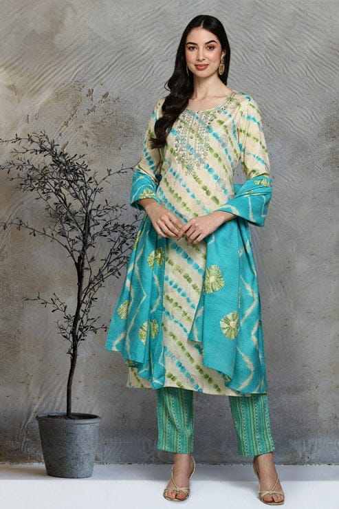 Nude Silk Blend Ethnic Motifs Straight Suit Set VKSKD1787