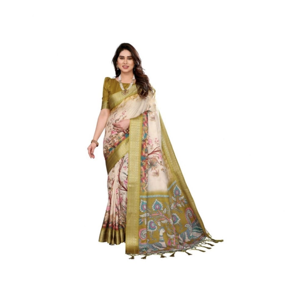 womens cotton silk printed saree with unstitched blouse 5mtr olive green pid63899