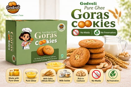 Godveli Pure Ghee Goras Cookies (200g) | Made with Whole Wheat & Cashews | Healthy Tea-Time Snack