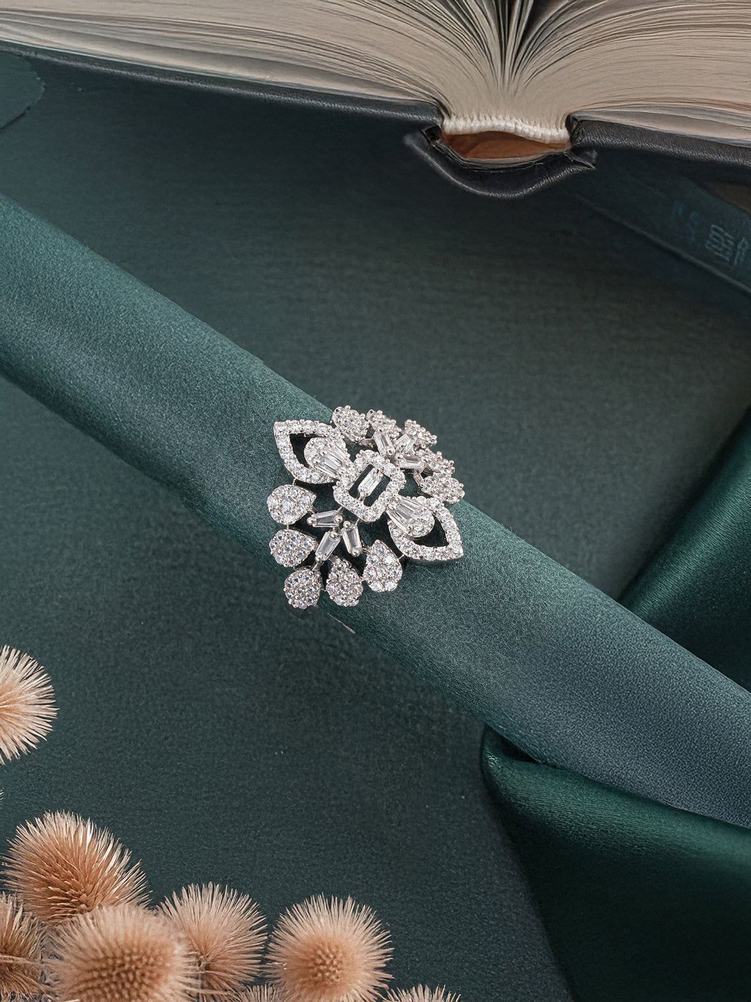 White Rhodium Plated Zircon Studded Floral Designer Cocktail Marriage Finger Ring