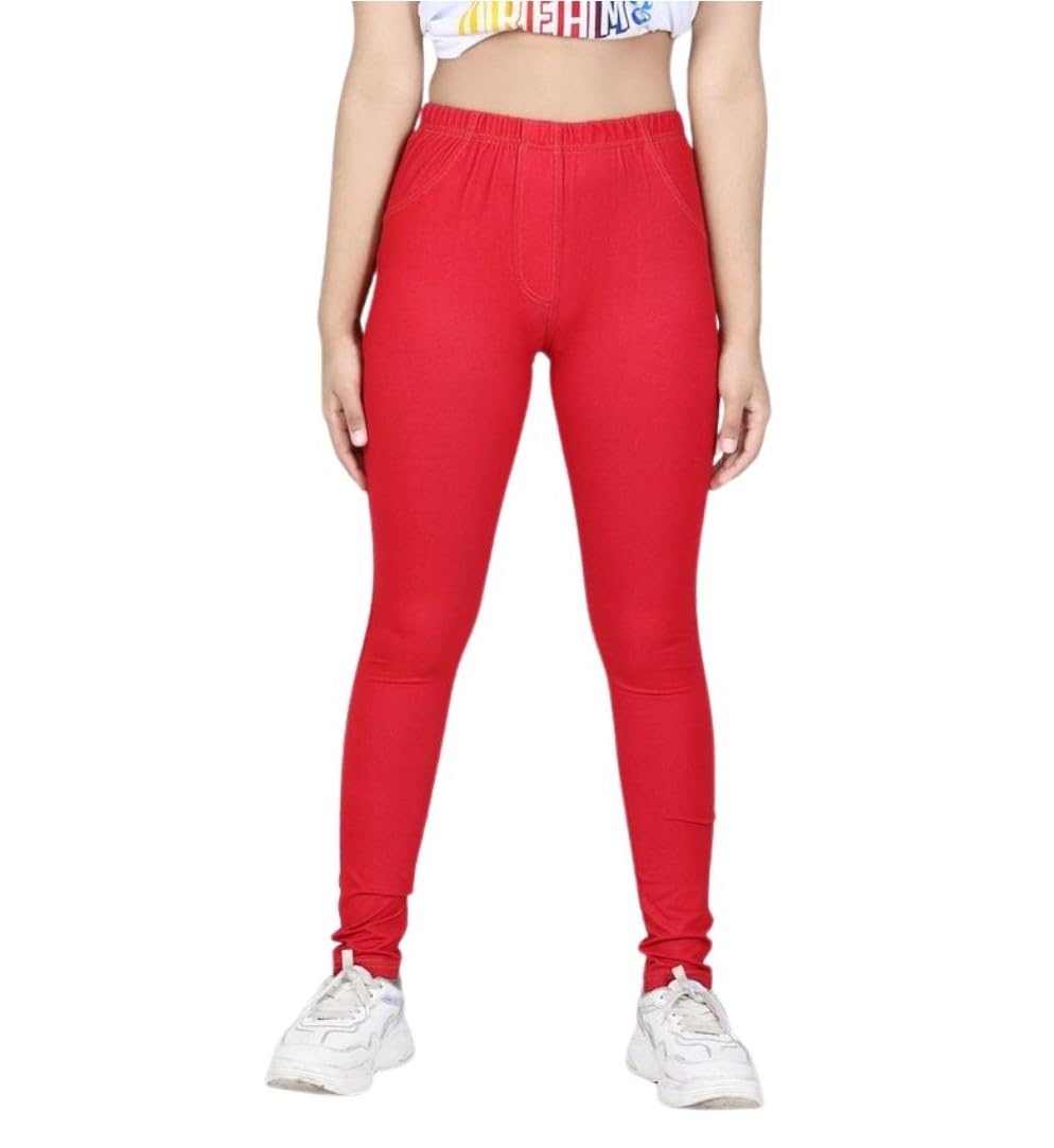 Girl's Cotton Blended Solid Elasticated Jeggings (Red, 13-14-Yrs)-PID66075