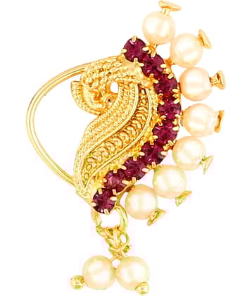 Vivastri Gold Plated Red Stone with Peals Alloy Maharashtrian Nath Nathiya./ Nose Pin for Women &Girls VIVA1007NTH-Press