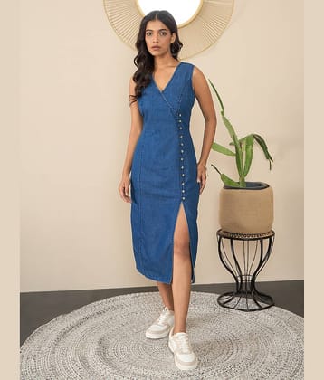 StyleStone Women Denim Solid Fit & Flare Dress ( Blue )