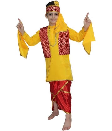 Kaku Fancy Dresses Indian State Punjabi Folk Dance Costume for Kids / Gidda Dance Costume For Boys - Yellow & Red, 14-18 Years