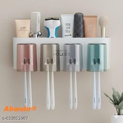 Wall Mounted Bathroom Shelf - Toothbrush Holder & Cup Holder (Plastic, 4 Cup) Wall Mounted Bathroom Shelf - Toothbrush Holder & Cup Holder (Plastic, 4 Cup)