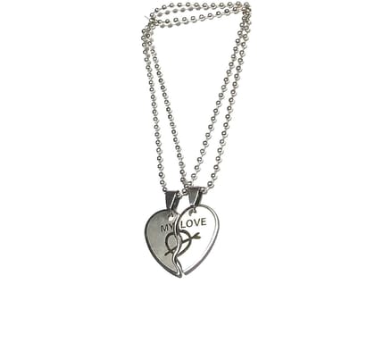 Generic Nawani Valentine Day Special Love Heart 2 Piece Silver Chain Locket Pendant for Boys and Girls