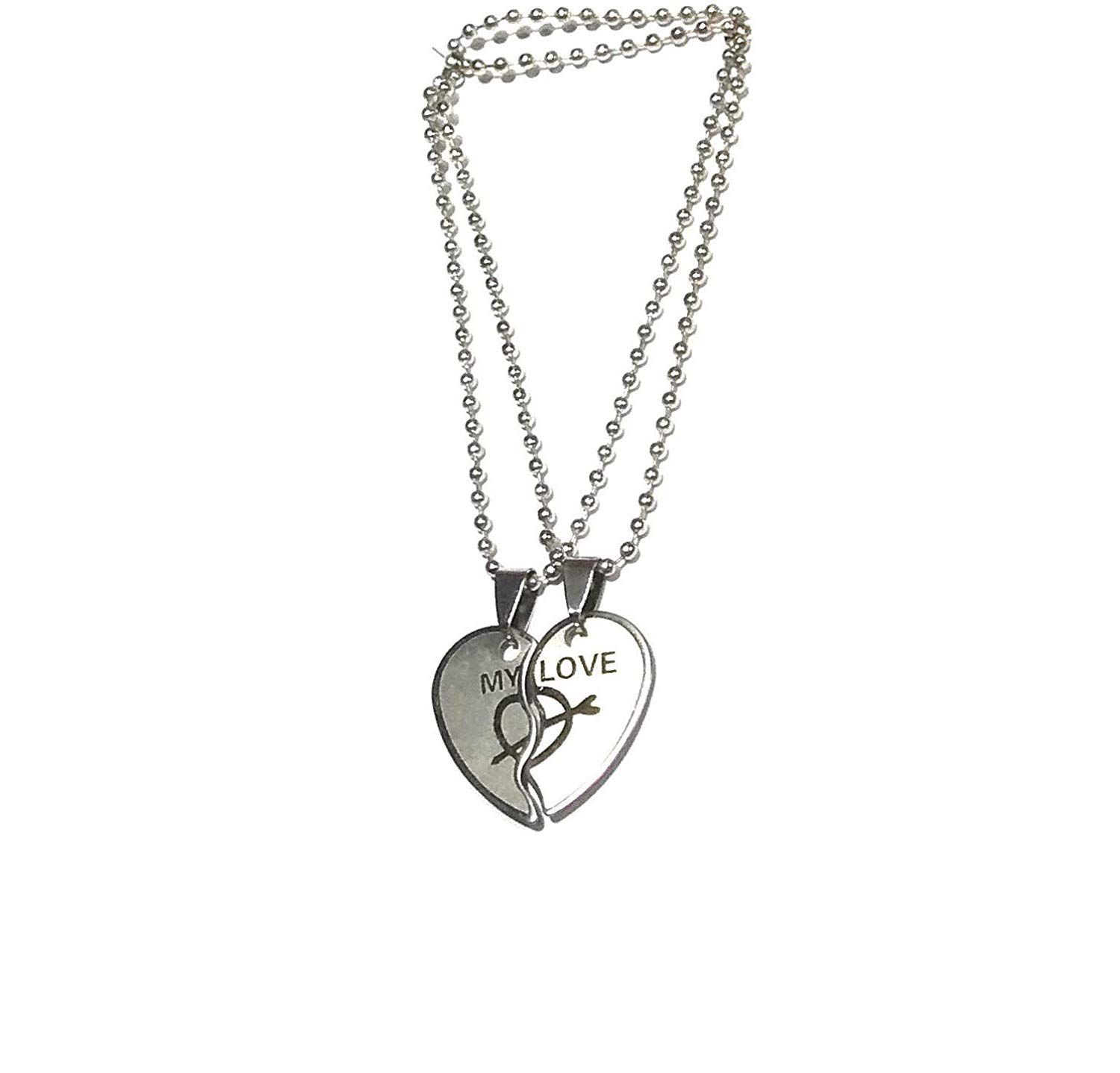 Generic Nawani Valentine Day Special Love Heart 2 Piece Silver Chain Locket Pendant for Boys and Girls