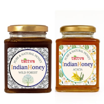 IndianHoney Wild Forest & Rajasthan Acacia Honey Combo (Pack of 2) | Pure & Natural | 1kg (500g Each) | Unprocessed & Unfiltered Natural Sweetener