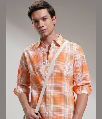 Highlander Cotton Blend Regular Fit Checks Full Sleeves Men's Casual Shirt - Orange ( Pack of 1 )