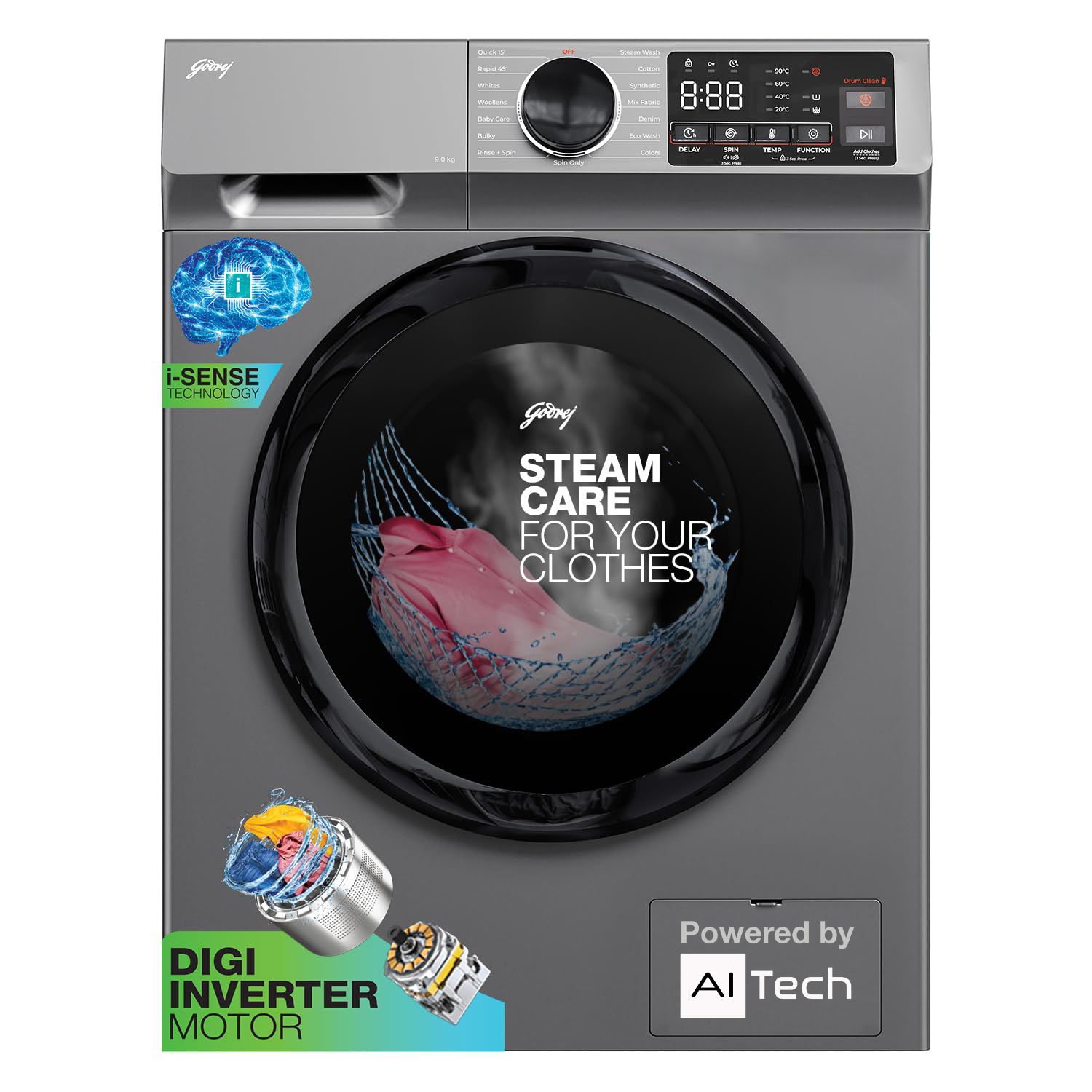Godrej 9 Kg 5 Star, 4 Years Comprehensive Warranty, With AI Tech, Digi Inverter Fully-Automatic Front Load Washing Machine (WFEON CEL 9014 IEBT SLSR, Silver Stream, With Steam Wash)
