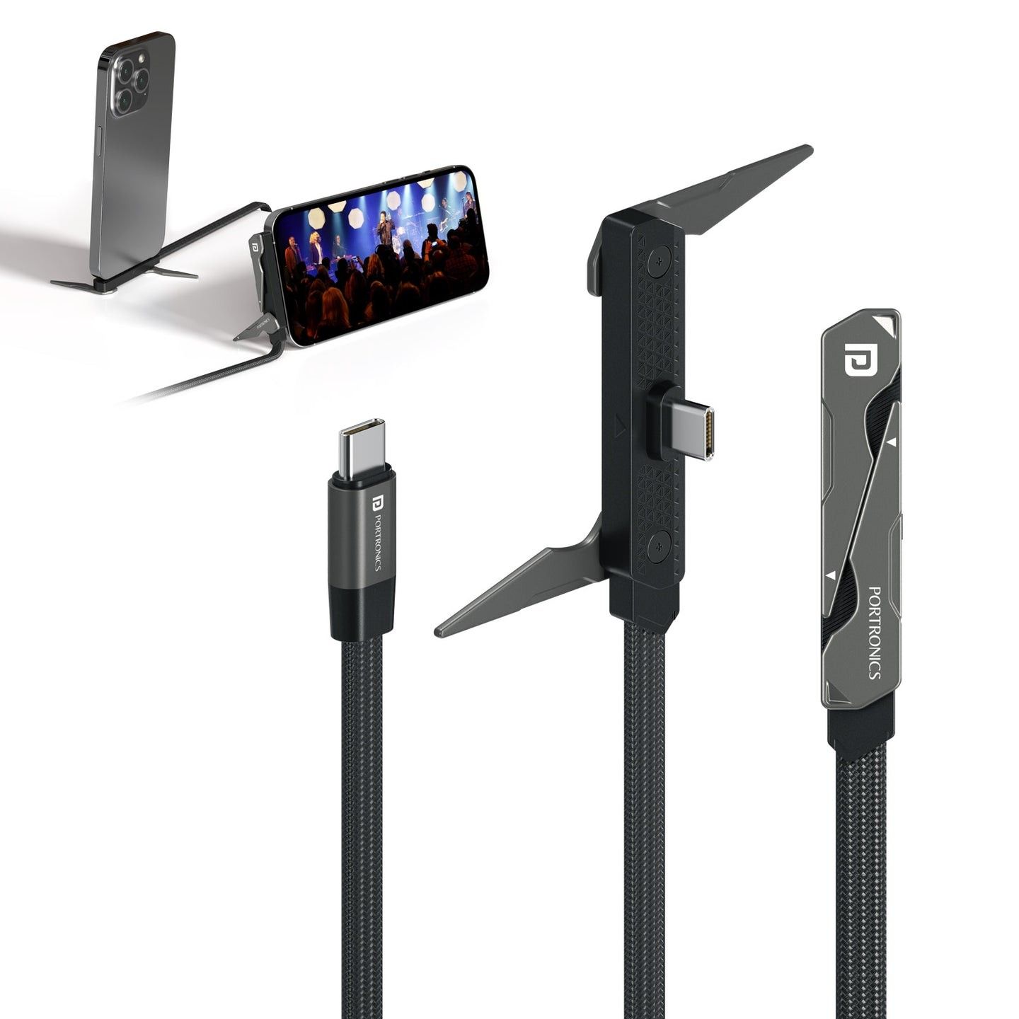 Portronics Dockline 100W Type-C to Type-C Cable with In-Built Stand, E-Marker Chipset, Braided Cable - Black