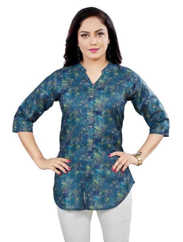 Women's Cotton Blend Mandarin Collar 3/4 Sleeves Short Top (Blue, L)-PID56221