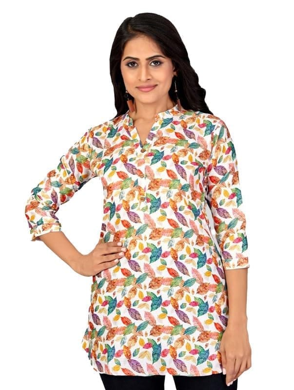 Women's Cotton Blend Mandarin Collar 3/4 Sleeves Short Top (Multicolor, S)-PID56270