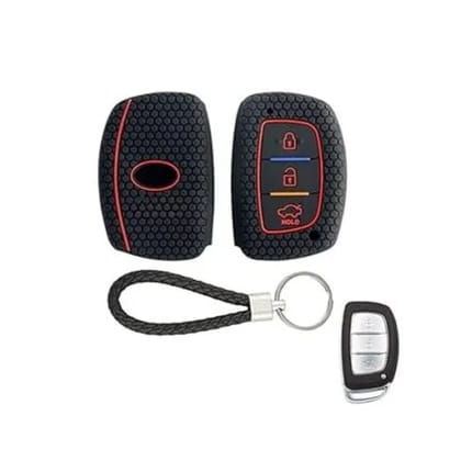 Silicone Key Cover for Elite i20, Active20, Aura, Verna 4s, Xcent, Tucson, Elantra 3 Button Smart Key (Push Button Start Models only) (Black with KC Mini Black Keyring).